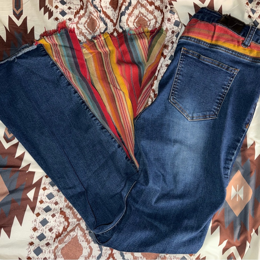 L&B Blue Flare Jeans with Multicolor Southwestern Trim